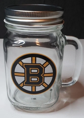 Boston Bruins NHL Pint 16 oz  Coffee & Beer Drinking Glass Jar w/ Top LOGO NEW Cover