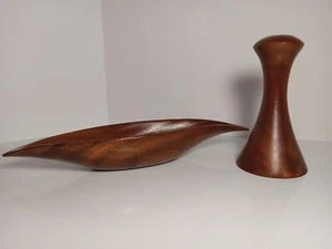 Waikiki Wood's Monkey Pod, Hawaii, slender leaf shaped bowl with vase Vintage - Picture 1 of 13