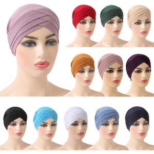 Women Hijab Stretch Wrap Head Hats Muslim Cross Bonnet Chemo Turban Caps Islamic - Picture 1 of 28