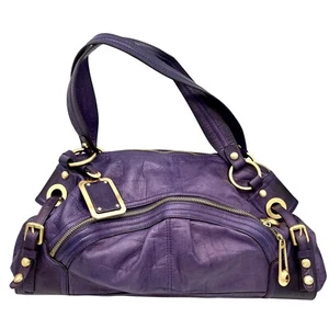 B. Makowsky Purple Leather Satchel Hobo Bag Gold Hardware Zip Pockets - Picture 1 of 17