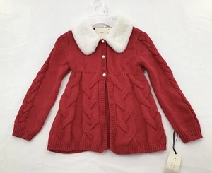 Max Studio Girls Size 5/6 Red Cable Knit Faux Fur White Collar Long Cardigan - Picture 1 of 5