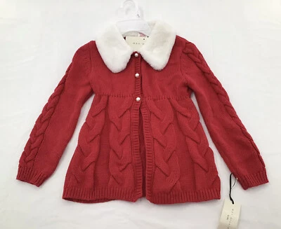 Max Studio Girls Size 5/6 Red Cable Knit Faux Fur White Collar Long Cardigan - Image 1 of 4