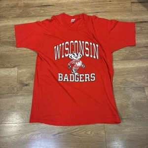 Men's XL Wisconsin Badgers Single Stitch Vintage T Shirt Red Fruit of the Loom - Picture 1 of 6