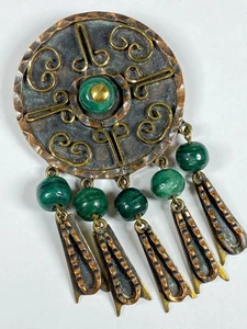MEXICO Copper Vintage Large Pin Brooch Pendant Green Malachite - Bild 1 von 11