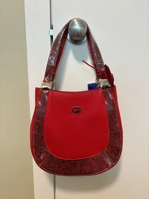 BOLSO DE MANO VINTAGE de cuero genuino rojo con estampado de cachemira en forma de herradura Foto 1 de 4