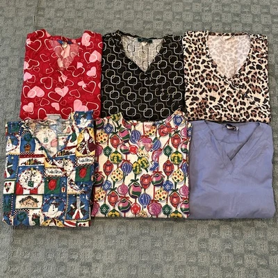 Lot Of 6 Women's Scrub Tops Large L Various Brands Hearts Christmas - Image 1 of 4