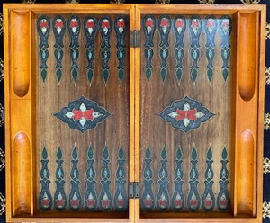 Turkish Handcrafted Walnut Backgammon Set with Jade Stone & Brass Inlay 20" - Picture 1 of 11