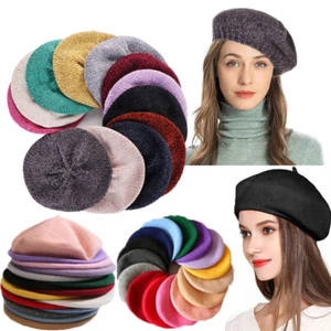 Winter Women Girls Cute Knitted Beret Hat Plain Wool Ladies Hat French Beret Hat - Picture 1 of 52