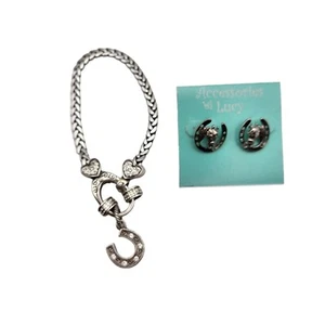 Silver-Tone Horse Themed Charm Bracelet & Earrings Small Horseshoe Rhinestones - Picture 1 of 11