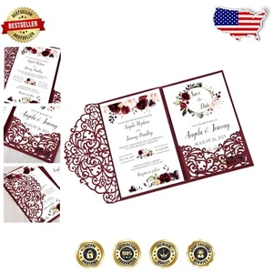 50 Burgundy Floral Patterned Wedding Invitations with Seals & Envelopes Included - Picture 1 of 9