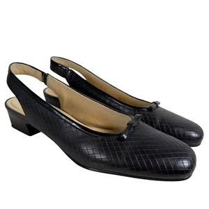 Trotters Pumps Black Leather Design Round Toe Slingback Block Heel Size 8.5S AAA - Picture 1 of 17