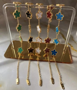 Clover Bracelet Five Leaf Double-Side 18k Gold plated Waterproof Stainless Steel - Picture 1 of 10