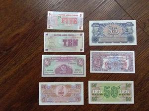 BRITISH  MILITARY ARMED FORCES set of 7  CURRENCY NOTES TILL £5 - Picture 1 of 2