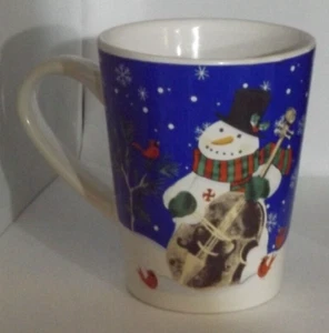 Vintage Christmas mug Snowman,double bass,Red cardinal birds,Snowflakes Pinetree - Picture 1 of 12