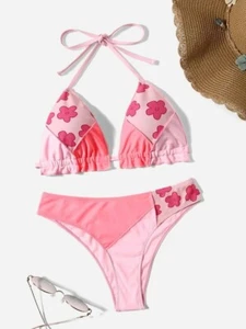 ROMWE Sweetie Patchwork & Floral Print Halter Bikini Swimsuit Sz S - Picture 1 of 8