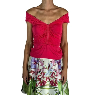 JUST CAVALLI Top Elástico Reunido M Mediano Rosa Fucsia Cuello en V Acanalado Ponte Tejido Foto 1 de 4