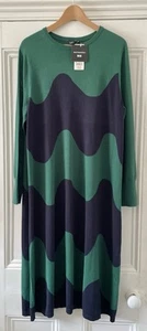 Uniqlo Marimekko Womens Blue Green Waves Merino Wool Jumper Dress XL UK 16 EU 44 - Picture 1 of 17