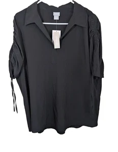 Chico's Zenergy Polo Popover Top schwarz geraffte Ärmel UPF 50+ Freizeit US 16/18 - Bild 1 von 9