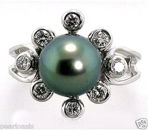 9,7 mm Pfau Tahitiperle Diamant Ring 0,42 kt 14 K Weißgold Größe 7,5, NEU - Bild 1 von 2