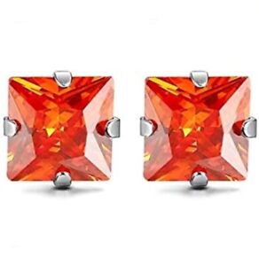 3mm Square CZ Stud Earrings, Citrine November Birthstone Orange, Stainless Steel