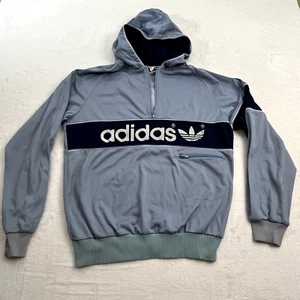 Adidas Mens Pullover Large Made in Austria Blue 1/3 Zip Track Hooded Spellout - Picture 1 of 14