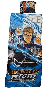 SLEEPING BAG ACTION MAN VINTAGE CARTOON ATOM BOY BLUE ORANGE TOY SOLDIER - Picture 1 of 3