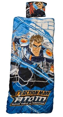 SLEEPING BAG ACTION MAN VINTAGE CARTOON ATOM BOY BLUE ORANGE TOY SOLDIER - Image 1 of 3
