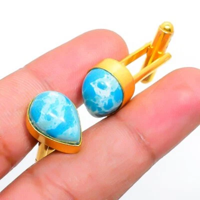 Gemelos chapados en oro hechos a mano de plata 925 con piedras preciosas Larimar Stnd. Foto 1 de 3