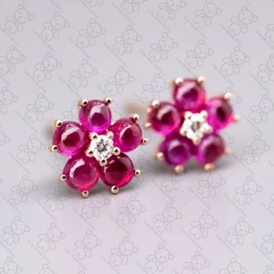 Plum Blossom Sakura Flower Ruby Diamond Stud Earrings 18k Rose Gold - Picture 1 of 7