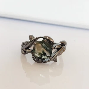 Natural Moss Agate Leaf Ring Sterling Silver Ring Engagement Ring Nature Ring - Picture 1 of 4