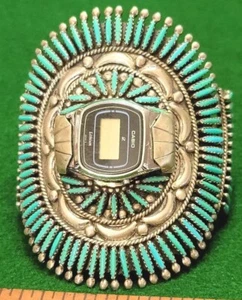 NATIVE AMERICAN ZUNI PETIT / NEEDLE POINT TURQUOISE WATCH CUFF STERLING SILVER - Picture 1 of 19