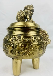 VTG Japanese Triple Footed Brass Incense Burner Guardian Foo Dog Lion Head 4.25” - Picture 1 of 9