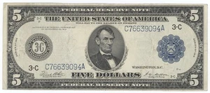 1914 $5.00 Federal Reserve Note F=855C Mid-Grade Problem Free. - Picture 1 of 2