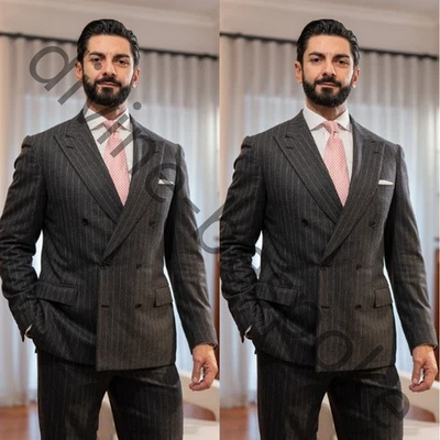 Trajes de lana gris a rayas para hombre con solapa de pico doble botonadura formal boda esmoquin Foto 1 de 4
