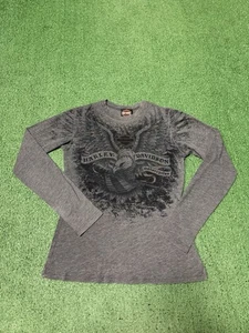 Vintage Y2K Harley Davidson Damen Langarm Shirt Small Grau Strass Biker - Bild 1 von 12