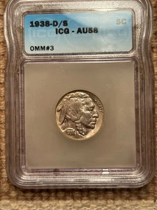 1938 D Over S Buffalo Nickel / ICG AU58 - Picture 1 of 3