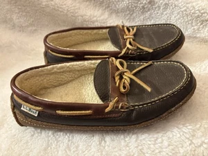 LL Bean Brown Leather Moccasin Slippers Men's 7 Medium - Picture 1 of 6