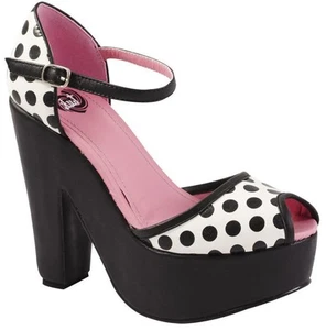 T.U.K. Pump A8333L Schwarz / Weiss Dot Peep Toe Mimi Wedge - Picture 1 of 6