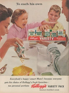 1955 Kellogg's Variety Pack Müsli Familie Frühstück jedem seine eigene Printanzeige - Bild 1 von 1