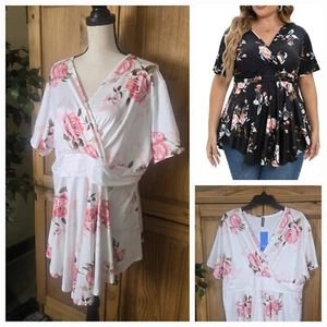 Allegrace Womens 3X 22W-24W White Rose Short Sleeve Crossover Tunic Top, NWT! - Picture 1 of 15