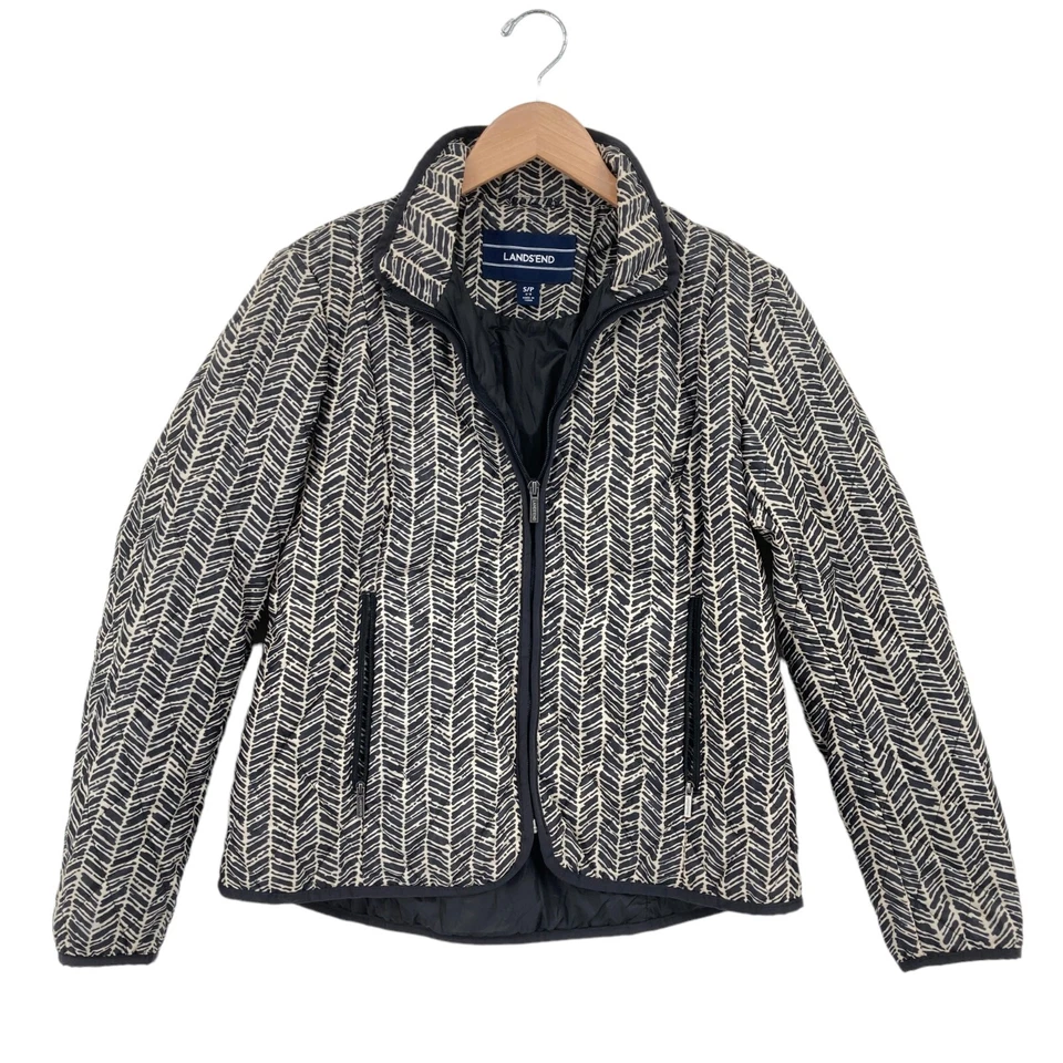 Chaqueta Lands' End Mujer Pequeña Blanca Negra Geo Estampado Manga Larga Bolsillos Cremallera Completa Foto 1 de 4