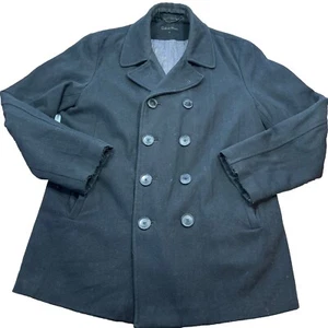 BLACK WOOL Pea Coat CALVIN KLEIN Jacket Mens S Anchor Buttons Lined vented 90s - Picture 1 of 17