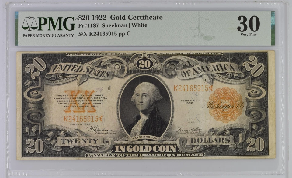 $20 1922 Gold Certificate Fr. 1187 PMG 30 Very Fine - Image 1 of 2