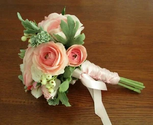 Silk Flower BRIDAL BOUQUET Pink Roses Ranunculus Dusty Miller Succulents Small - Picture 1 of 5