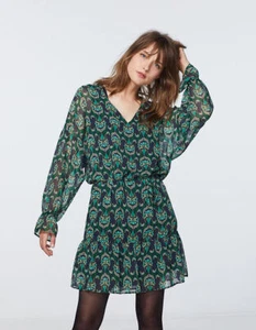 IKKS NWT $233 Green Voile Floral Peacock Print Belted Mini Dress 42 / L - Picture 1 of 5
