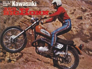 Folleto vintage de concesionario de motocicletas Kawasaki Bighorn 350 F5 años 70 - Imagen 1 de 2