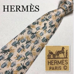 HERMES Necktie Barley and Beer All Over Pattern 100% Silk Made in France Beige - Picture 1 of 9