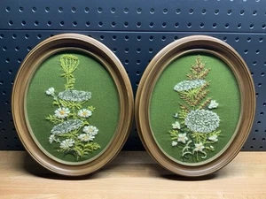 Vintage 2 Crewel Embroidered Wild Flowers on Green White Oval Frames 11 X 9 - Picture 1 of 11