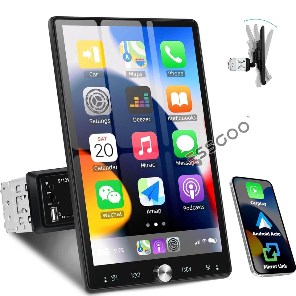 Apple Carplay 10.4" Rotatable Single Din Touch Screen Stereo Bluetooth GPS Radio - Image 1 of 4