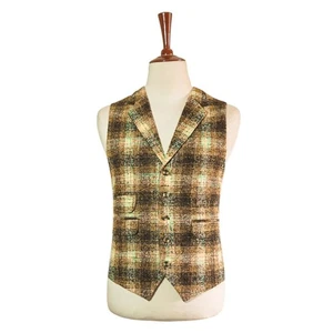 Mens Wool Plaid Vest 46R Brown Green Cream Check Waistcoat Western Preppy Casual - Picture 1 of 8